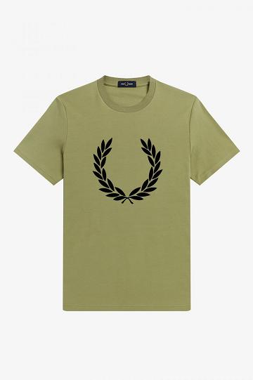 Olive Green Fred Perry Flock Laurel Wreath Men's T Shirts | PH 1662KORI